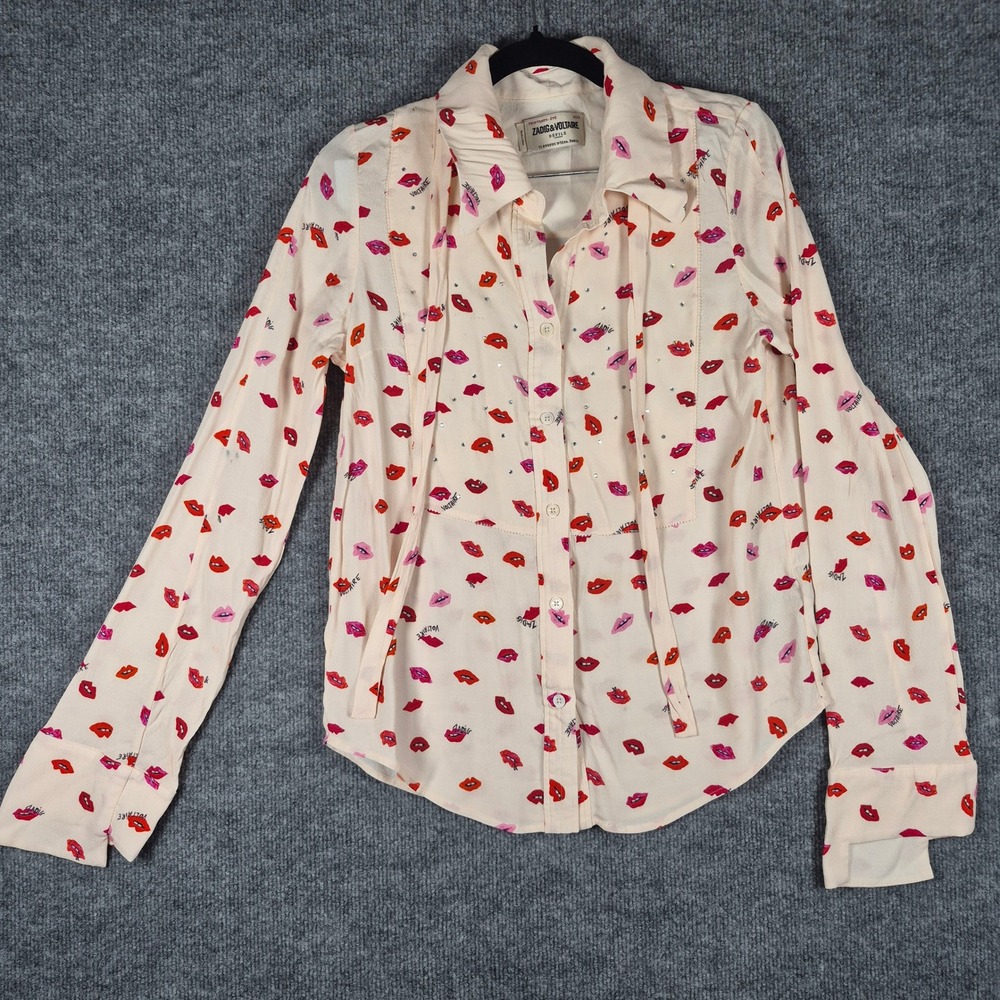 Zadig & Voltaire Shirt Lip Print Rhinestone Long Sleeve Cream Pink Small